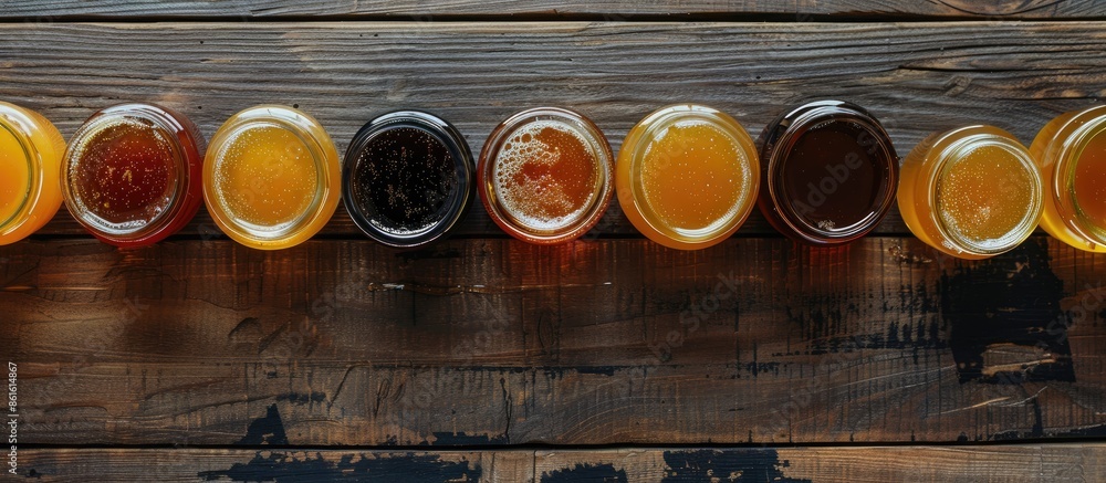 Aufkleber Top view of jars displaying various types of honey on a wooden surface, creating a mockup design with copy space image.