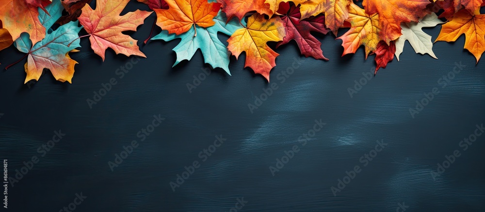 Poster Overhead view of colorful autumn maple leaves on a surface with empty space for text or designs. with copy space image. Place for adding text or design