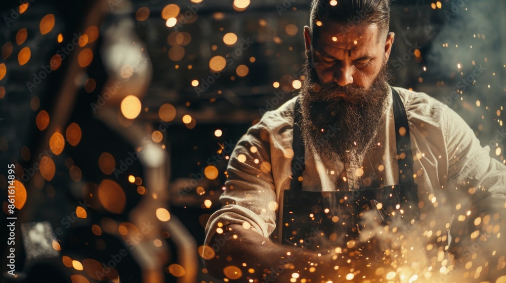 Poster A man with a beard is working in a workshop with sparks flying