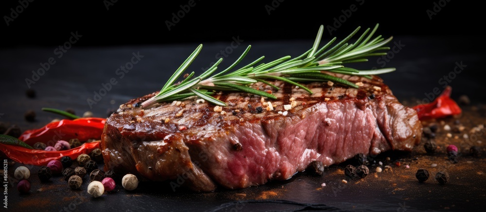 Poster close-up image showcasing a steak with rosemary and spices on a dark rustic background, with ample c