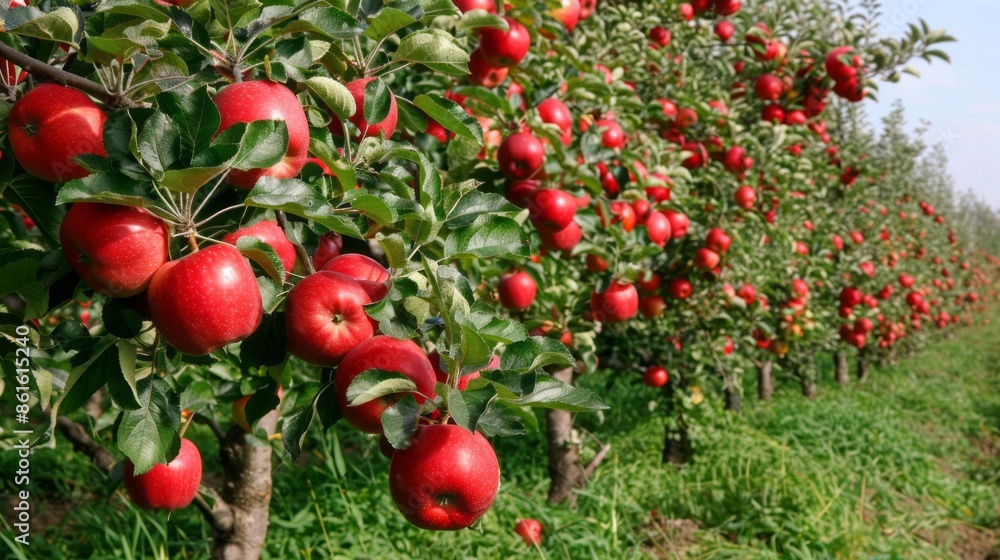Poster a row of apple trees with many apples on them