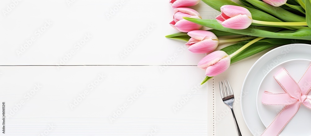 Poster an elegant table setting for a romantic easter dinner featuring pink ribbon, tulip, and a white back