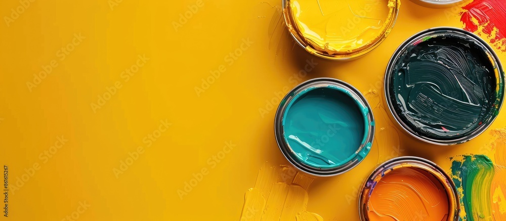 Poster Cans of paints and painter's supplies on color background. with copy space image. Place for adding text or design