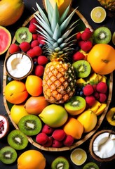 vibrant tropical fruit platter coconut paradise, colorful, exotic, delicious, fresh, ripe, juicy, appetizing, healthy, organic, assortment, pineapple, mango