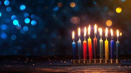 This photo showcases eight colorful candles burning brightly in a holder, set against a peaceful and cool-toned background with blue and yellow bokeh effect.