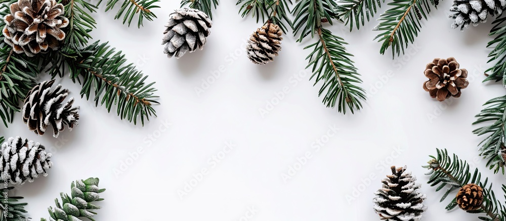 Poster top view winter-themed arrangement with pine branches, pine cones on white backdrop, ideal for merry