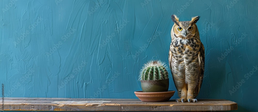 Poster Beautiful  cactus,wooden  shelf  and  simulated  owl  on  wood  table  with  blue  background. with copy space image. Place for adding text or design