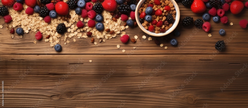 Leinwandbilder wooden background showcases a flat lay image featuring homemade granola topped with various berries 