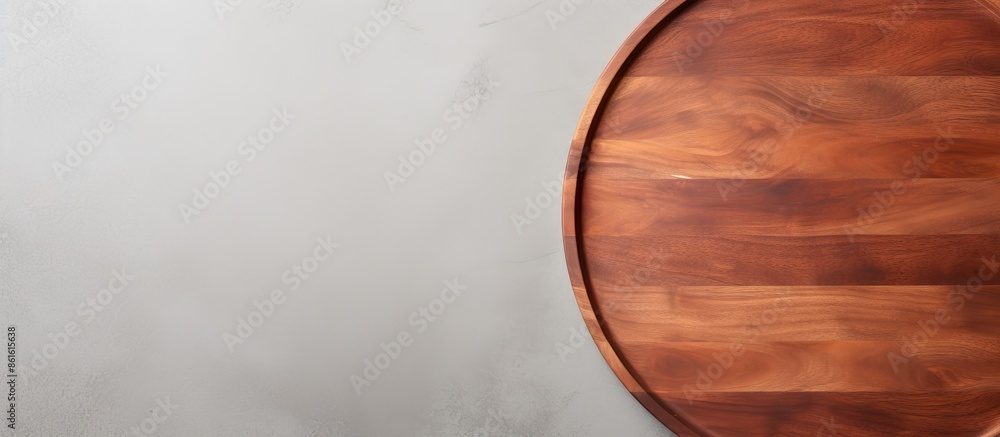 Fototapete circular wooden pizza platter on a white stone kitchen table, seen from above with space for text or