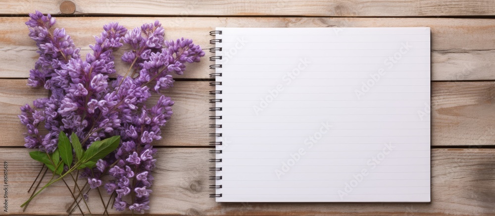 Aufkleber white painted wooden planks backdrop featuring violet flowers and an empty notebook for text, creati