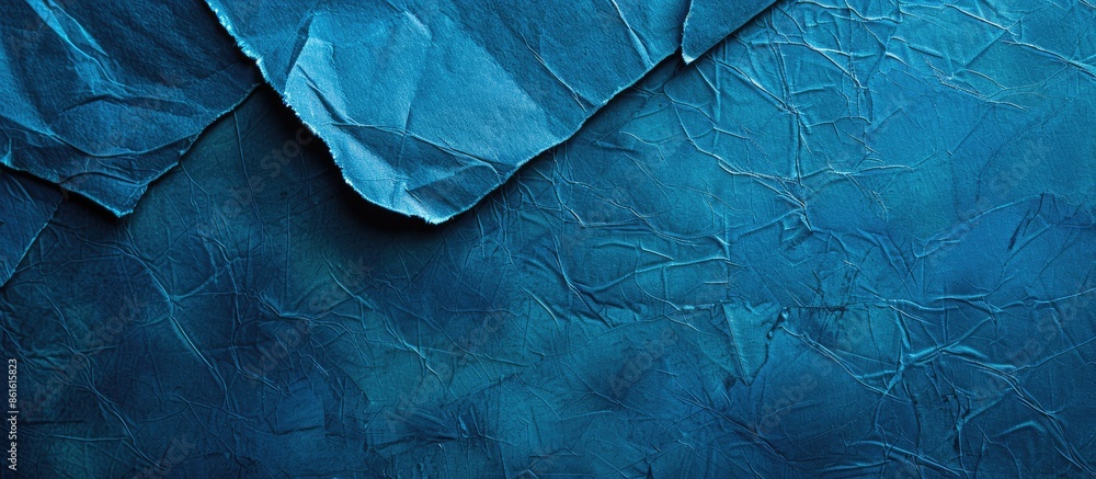 Poster Solid deep blue background with a sheet of textured blue craft paper turned over, seen from above, creating a visually appealing copy space image.