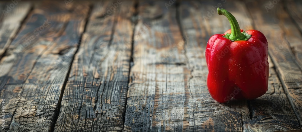 Leinwandbilder Close-up image of a vibrant red bell pepper on a rustic wooden surface with empty space for text or other content. with copy space image. Place for adding text or design
