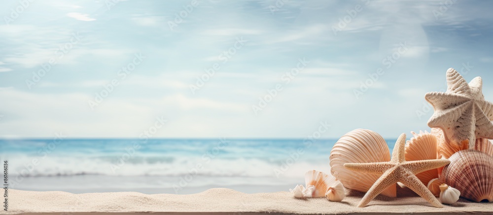 Aufkleber A summer-themed scene featuring sea shells or starfish on a table with room for text in the background. with copy space image. Place for adding text or design