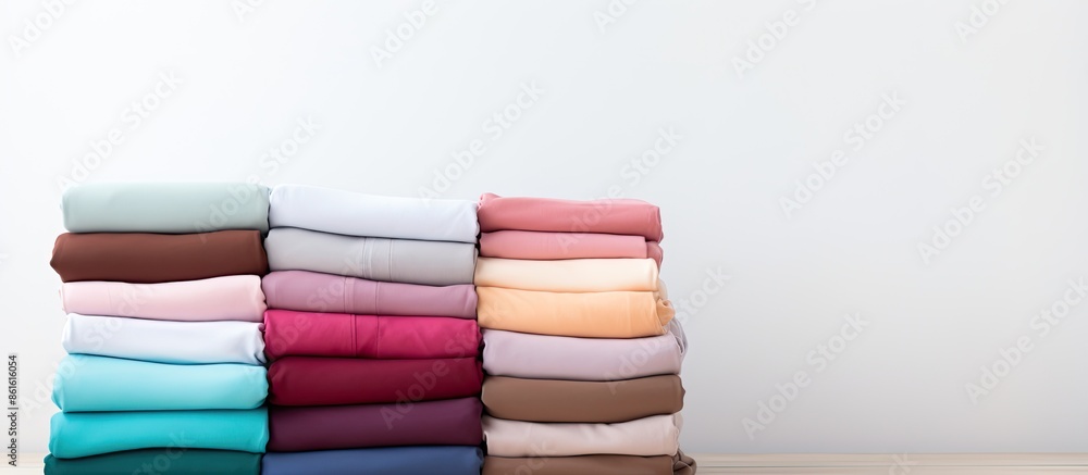 Poster Colorful cotton clothes neatly stacked on a white table with an empty copy space for design.