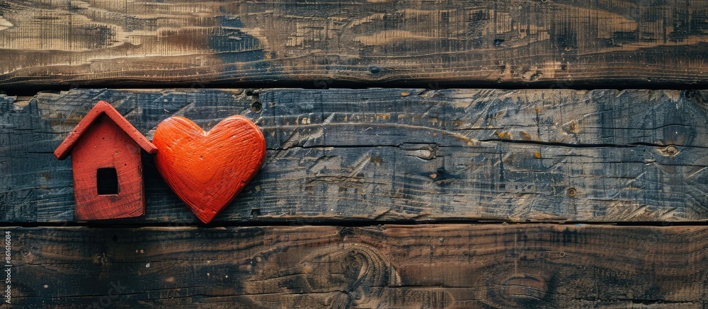 Poster a top-down view of a house figure and heart shape on a wooden backdrop, featuring a copy space image
