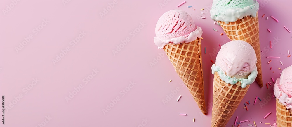 Poster bright background featuring pastel ice cream in waffle cones with a copy space image included.