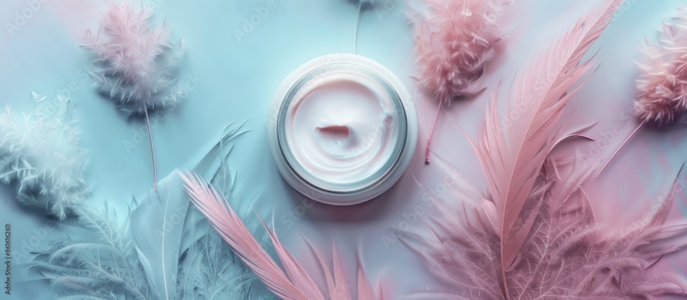 Poster Spa cosmetic product displayed in a cream jar on a branding mock-up, with a top view against a feathered background, in a flat lay style with copy space image.