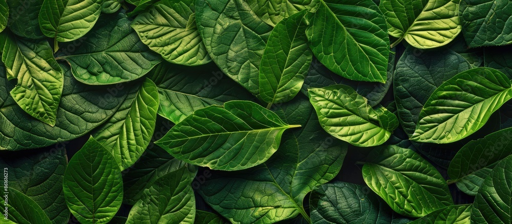 Poster creative close-up green leaf nature backdrop with copy space image made of tree leaves.