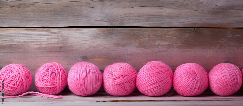 Poster Pink yarn balls displayed on weathered wood with space for text or image. with copy space image. Place for adding text or design