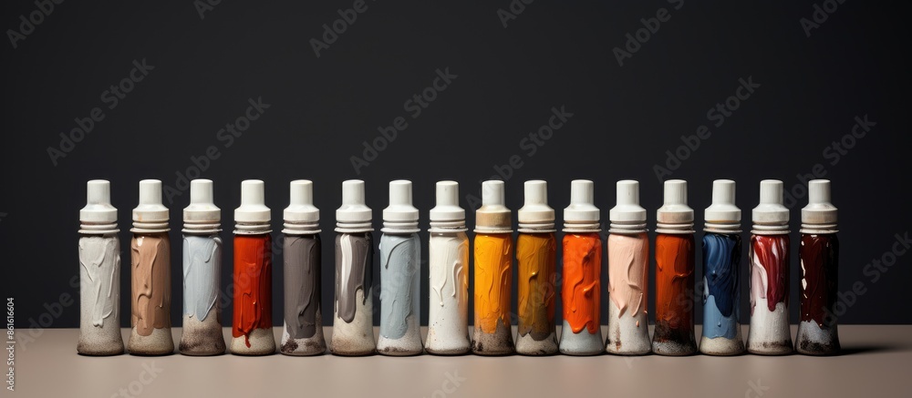 Poster oil paint tubes displayed on a gray backdrop with copy space image.