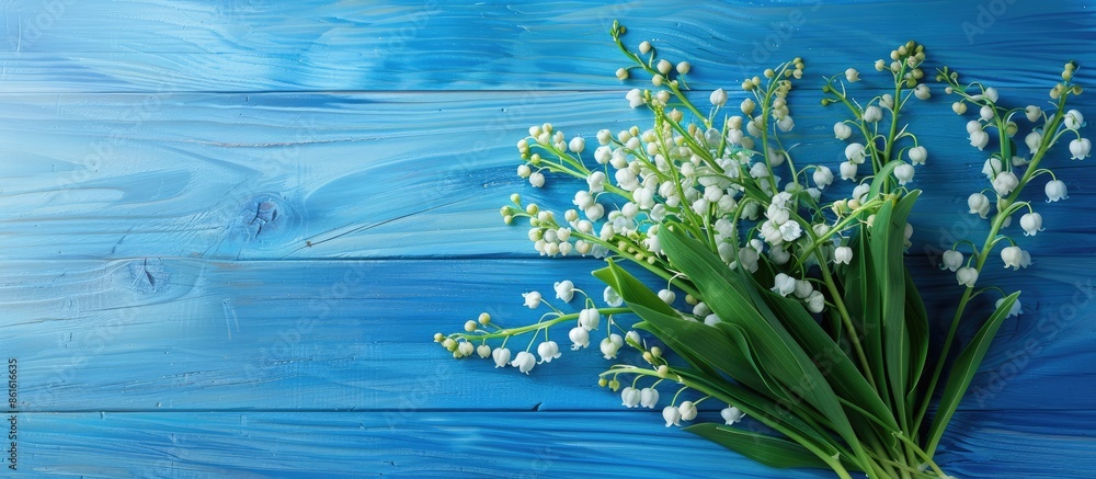 Poster Bouquet of lily of the valley flowers displayed on a blue wooden table background with space for text or images. with copy space image. Place for adding text or design
