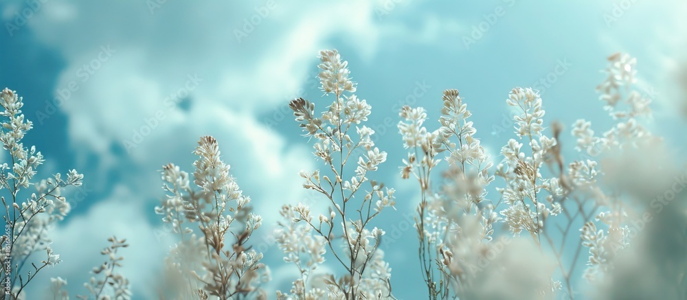 Poster Soft-focused summer sky in nature setting featuring lovely blue hues and cloudy backdrop suitable for text or images. with copy space image. Place for adding text or design