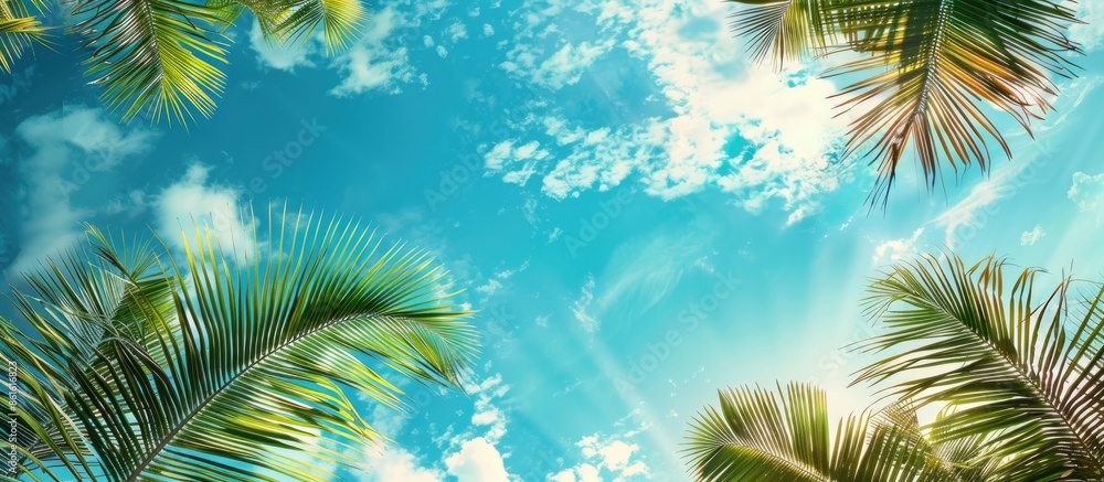 Poster a scenic tropical setting with coconut palm leaves against a vibrant blue sky, ideal for travel or n
