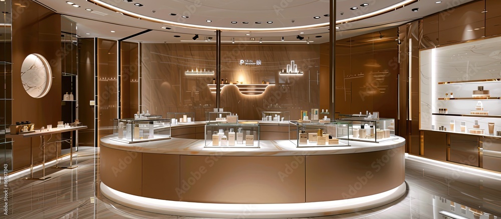 Poster a central round podium provides a generous area for showcasing products in a cosmetic display settin