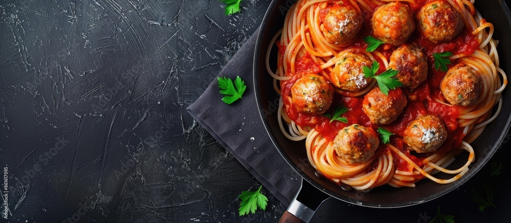 Poster Top view of a frying pan filled with spaghetti pasta and meatballs in a tomato sauce garnished with parsley on a dark table background, ideal for a banner with copy space image.