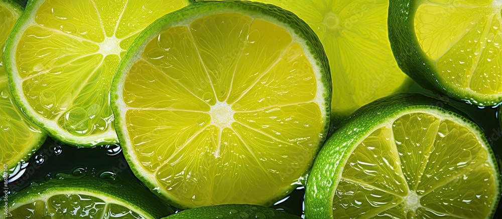 Poster close-up photo highlighting a cup of freshly squeezed lime juice with a unique arrangement of sliced