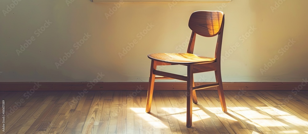 Poster wooden chair on laminate flooring in the room. with copy space image. place for adding text or desig