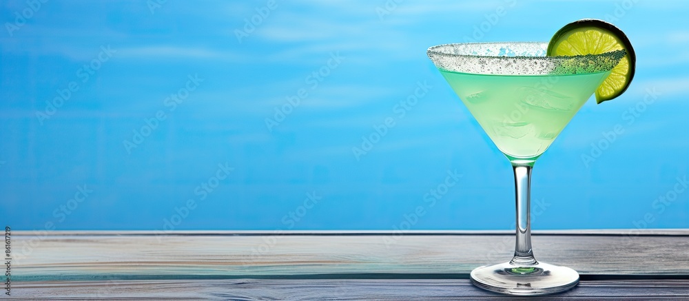Poster Top-down view of Lime Drop Martini cocktail on light blue wooden surface with ample room for text around it in the image.