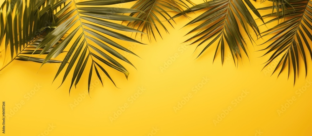 Poster Top view of tropical palm leaves on a sunny yellow backdrop creating a summery vibe with a flat lay style and ample copy space image.