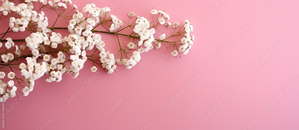 Poster pink background with white gypsophila flowers creating a delicate and elegant look, ideal for a copy