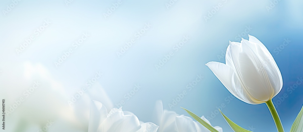 Poster Spring background features a white tulip with copy space image for your design.