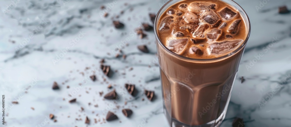 Leinwandbilder Create an Iced cocoa in a clear glass set on marble with room for your text in the image. with copy space image. Place for adding text or design