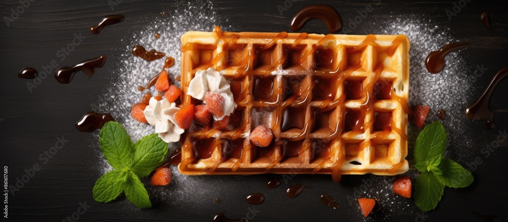 Poster Menu concept featuring Belgian or Viennese waffles as a sweet dessert snack with a top view for background highlighting copy space image.