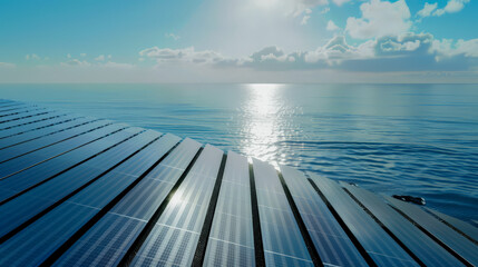 High-angle photo realistic view of solar panels installed by the sea, capturing the serene and sustainable energy solution under a bright, clear sky. The sunlight reflects beautifully.