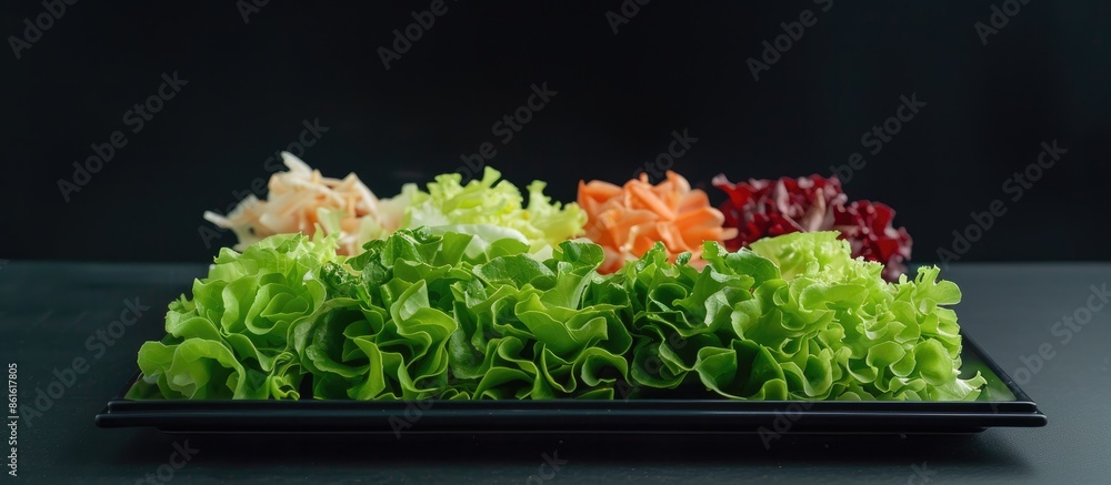 Aufkleber Different types of lettuce slices displayed on a square plate against a black background with a spacious area for additional imagery.