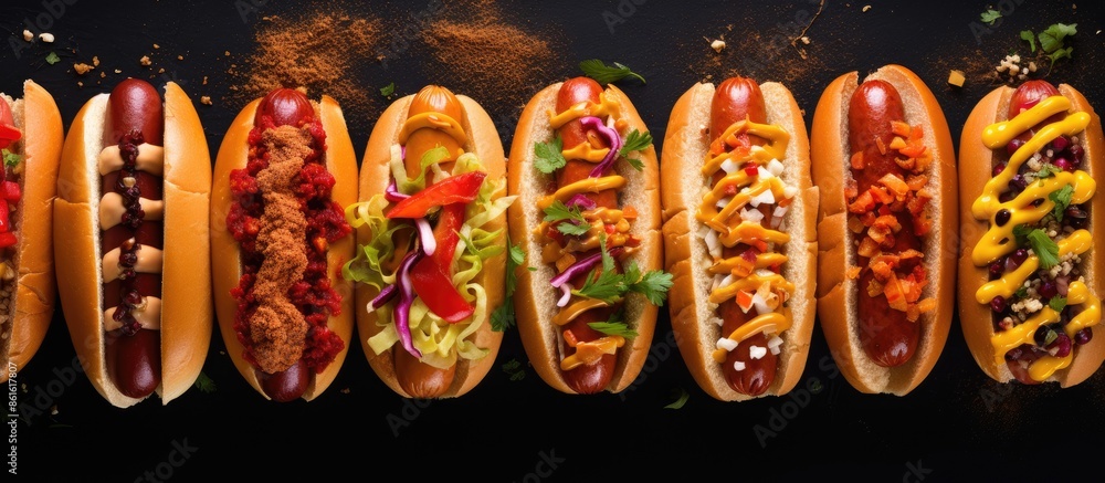 Poster Top view of various hot dogs with different toppings on a dark background, creating a food-themed image with space for text. Fast food concept. with copy space image. Place for adding text or design