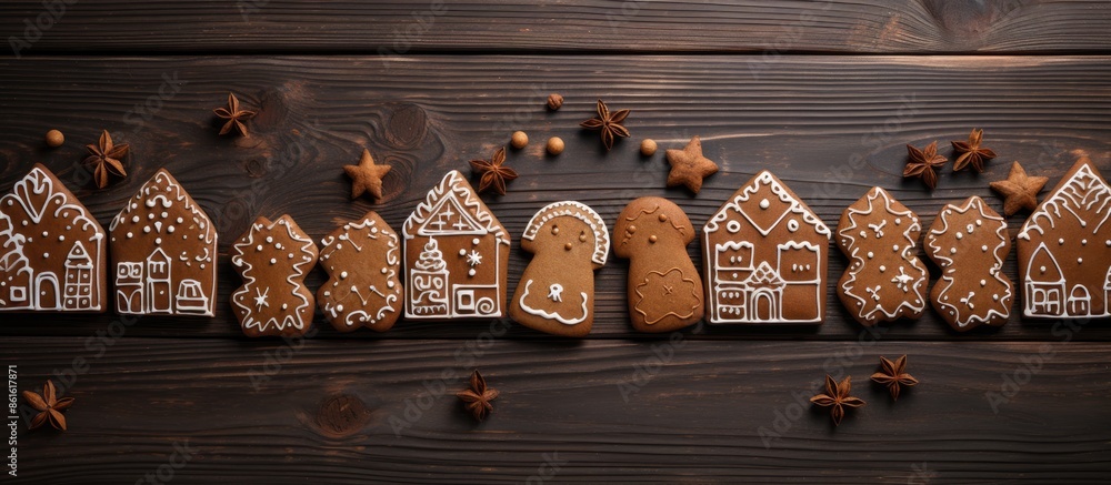 Poster gingerbread cookies displayed on a wooden table in honor of st. nicholas day with copy space image.
