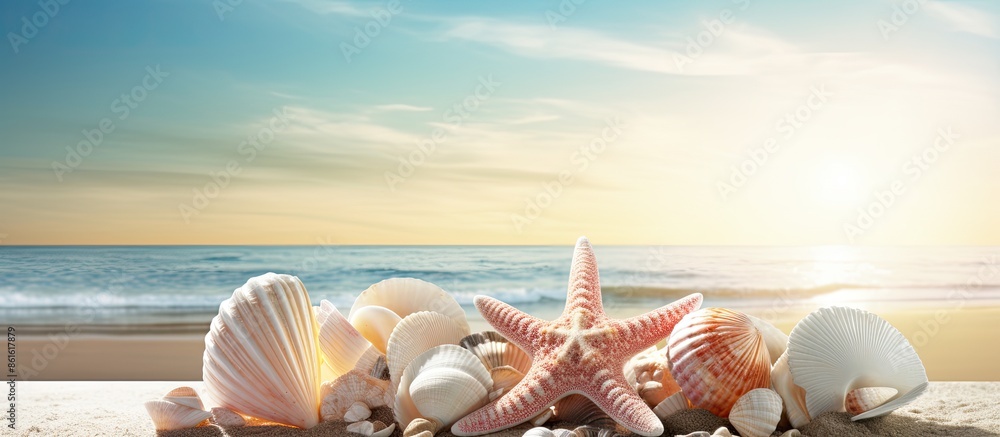 Aufkleber A summer-themed scene featuring sea shells or starfish on a table with room for text in the background. with copy space image. Place for adding text or design
