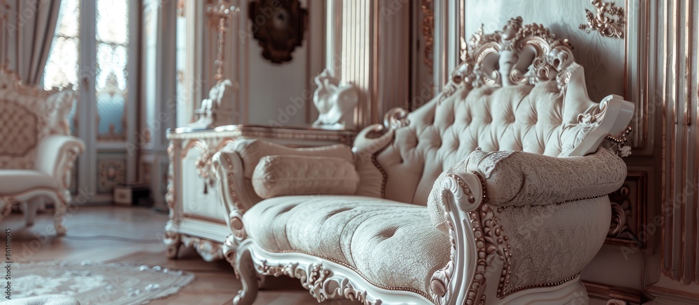 Poster luxurious expensive interior design of the living room in the old baroque style in beige colors. wit