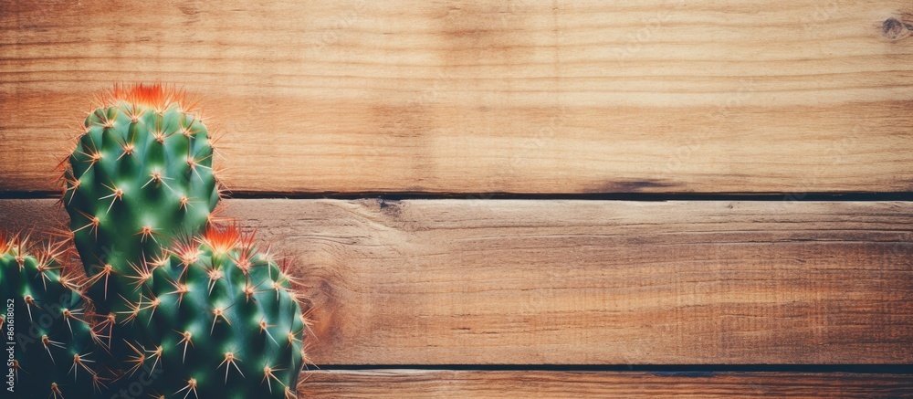 Poster vintage toned top view of a cactus on an old, rustic wooden background with a shallow depth of field