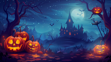 Fototapeta premium Spooky halloween illustration, pumpkins castle, dark, cartoon style for kids. High quality photo.