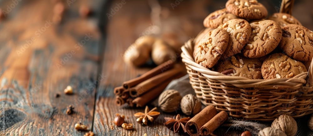 Poster Basket containing ginger cookies, walnuts, and cinnamon on a brown table with selective focus on the objects in a copy space image.