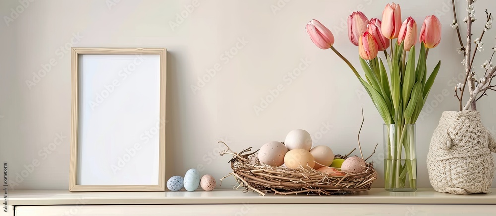 Poster a table displaying a blank photo frame surrounded by a nest filled with easter eggs, rabbits, tulips