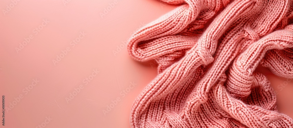 Poster pink knitted fabric on a peach background with copy space image.