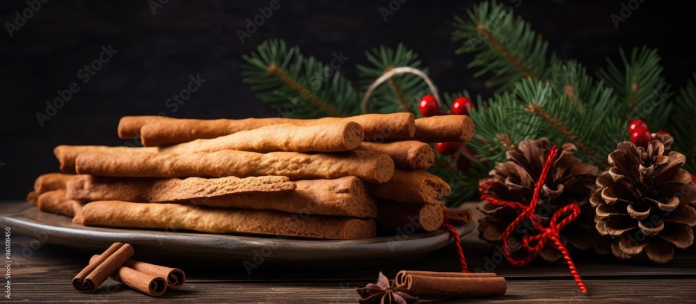Aufkleber A festive arrangement of cinnamon sticks, cookies, and a Christmas tree branch on the table with a background suitable for adding a copy space image.