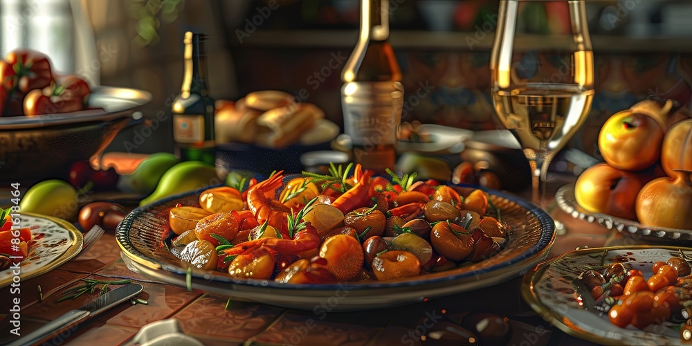 Sticker table with a plate of spanish food.